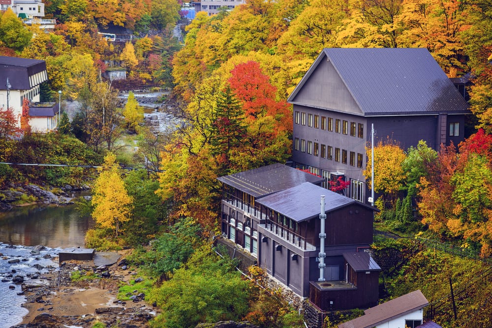 A large pension hotel in Japan with dark brown walls is surrounded by vibrant autumn trees and is adjacent to a river with rocks along its edges.