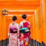 Two individuals wearing traditional Japanese kimonos walk through a corridor of vibrant orange torii gates, with Japanese characters inscribed on them.