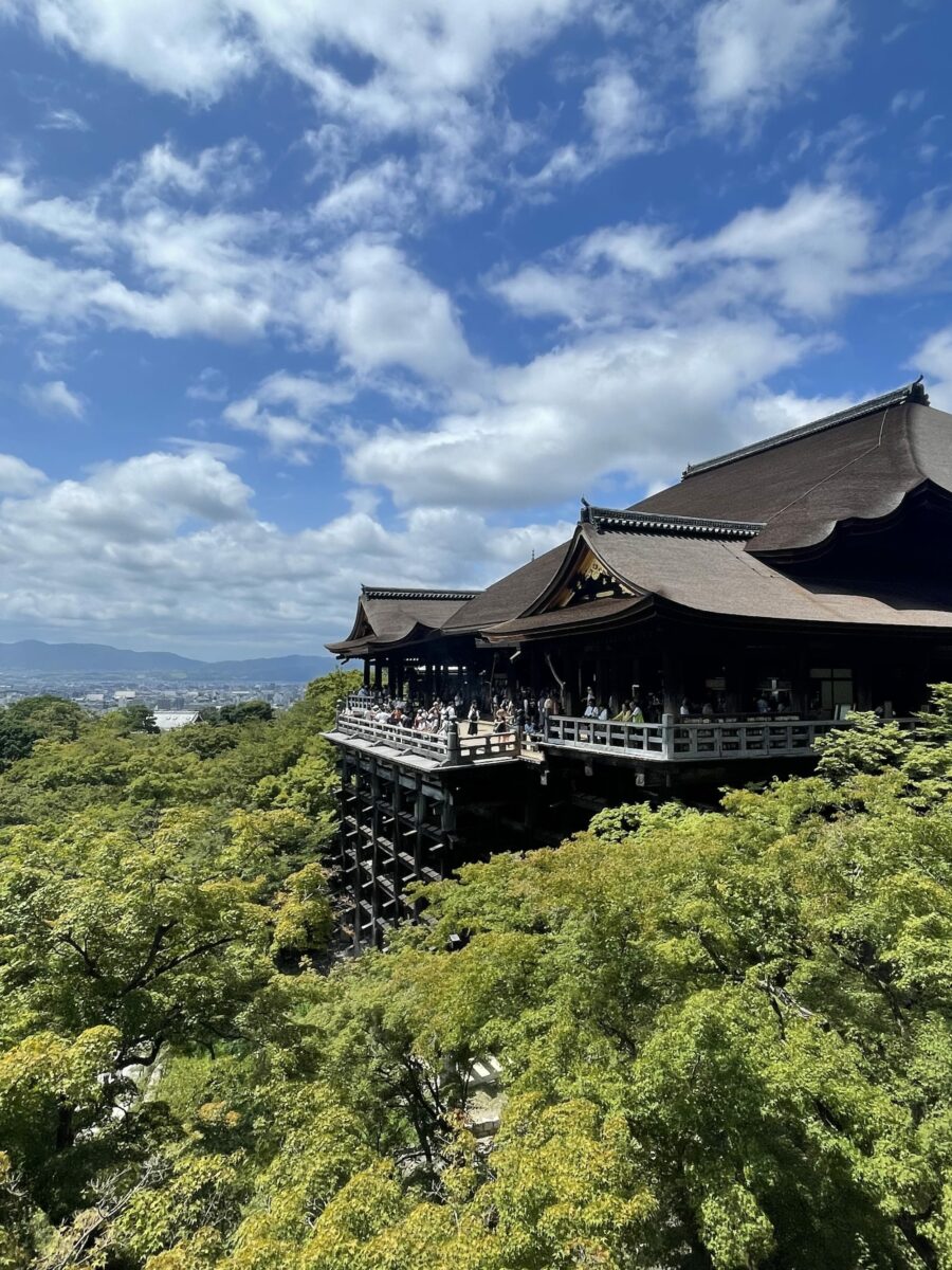 A large wooden temple with an ornate roof stands amidst green foliage under a partly cloudy sky, with a scenic view extending into the distance.