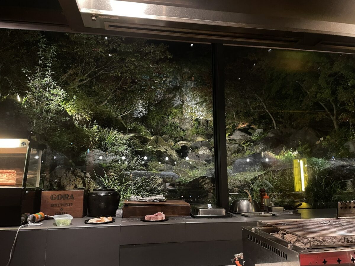 View of an outdoor grill station at night with food items and cooking utensils on the counter, set against a backdrop of a well-lit garden with rocks and plants.