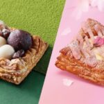 Two pastries on a split background: one with mochi, red bean, and chestnuts on green; the other with pink icing and a cherry blossom flower on pink.