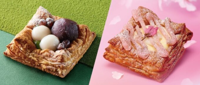 Two pastries on a split background: one with mochi, red bean, and chestnuts on green; the other with pink icing and a cherry blossom flower on pink.