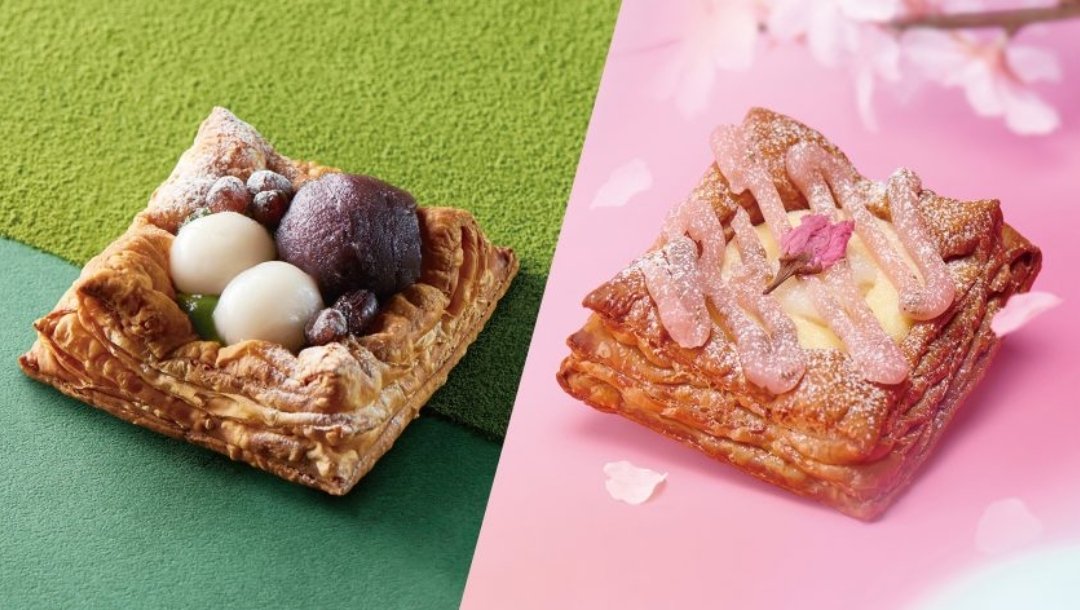 Two pastries on a split background: one with mochi, red bean, and chestnuts on green; the other with pink icing and a cherry blossom flower on pink.